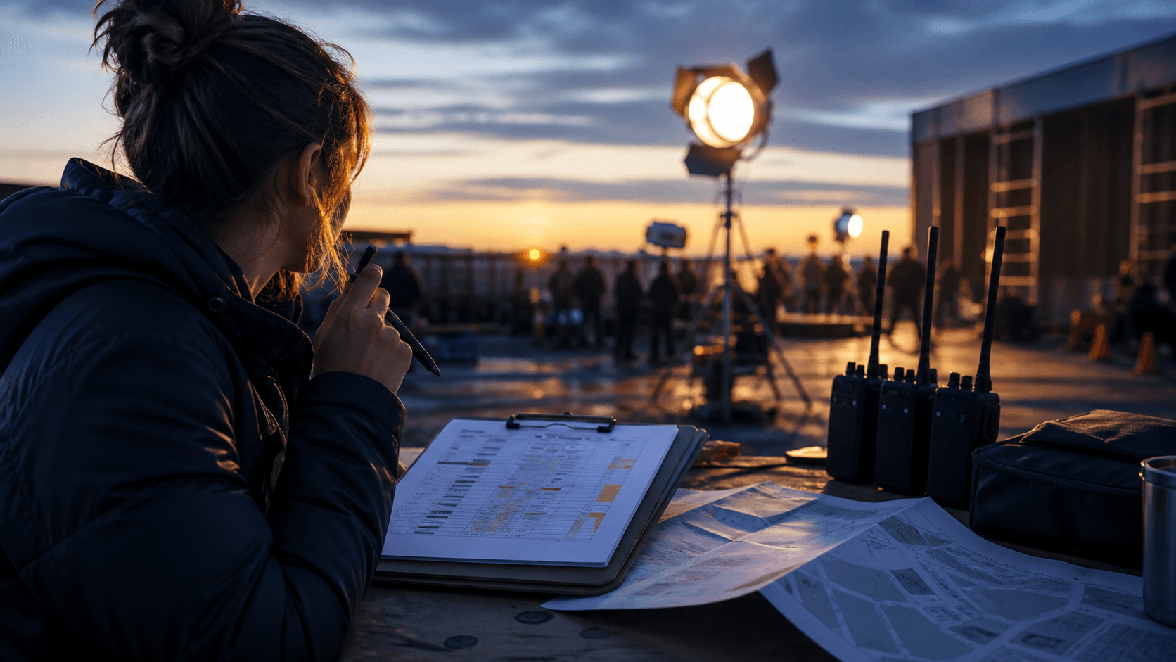 Editorial production coordinator preparing a film set at dawn