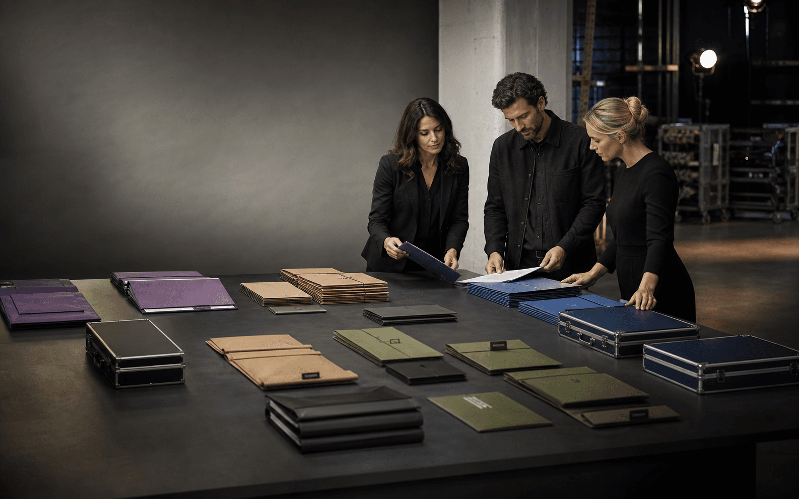 Provider operations team coordinating color-coded client production portfolios