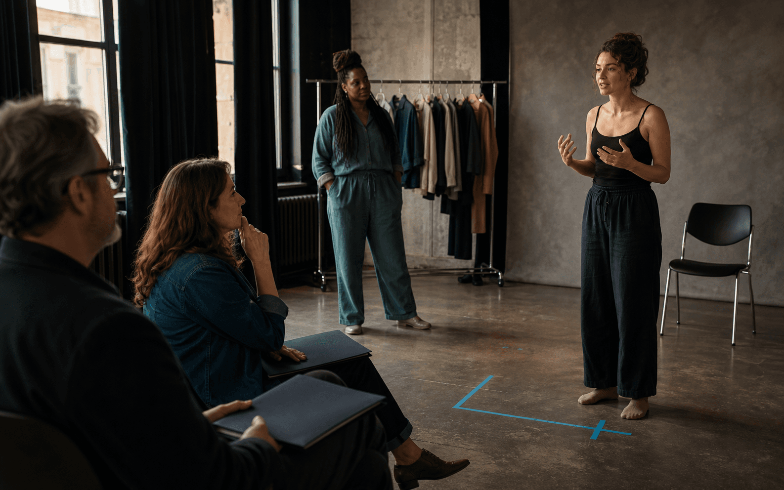 Performer auditioning while a representative and casting team observe