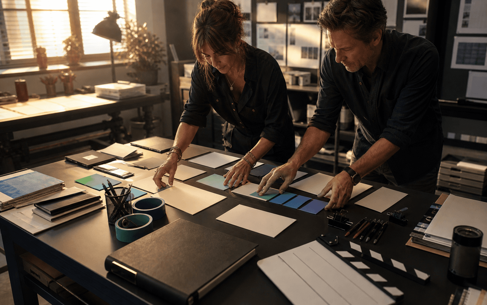 Line producer and coordinator arranging blank production planning materials
