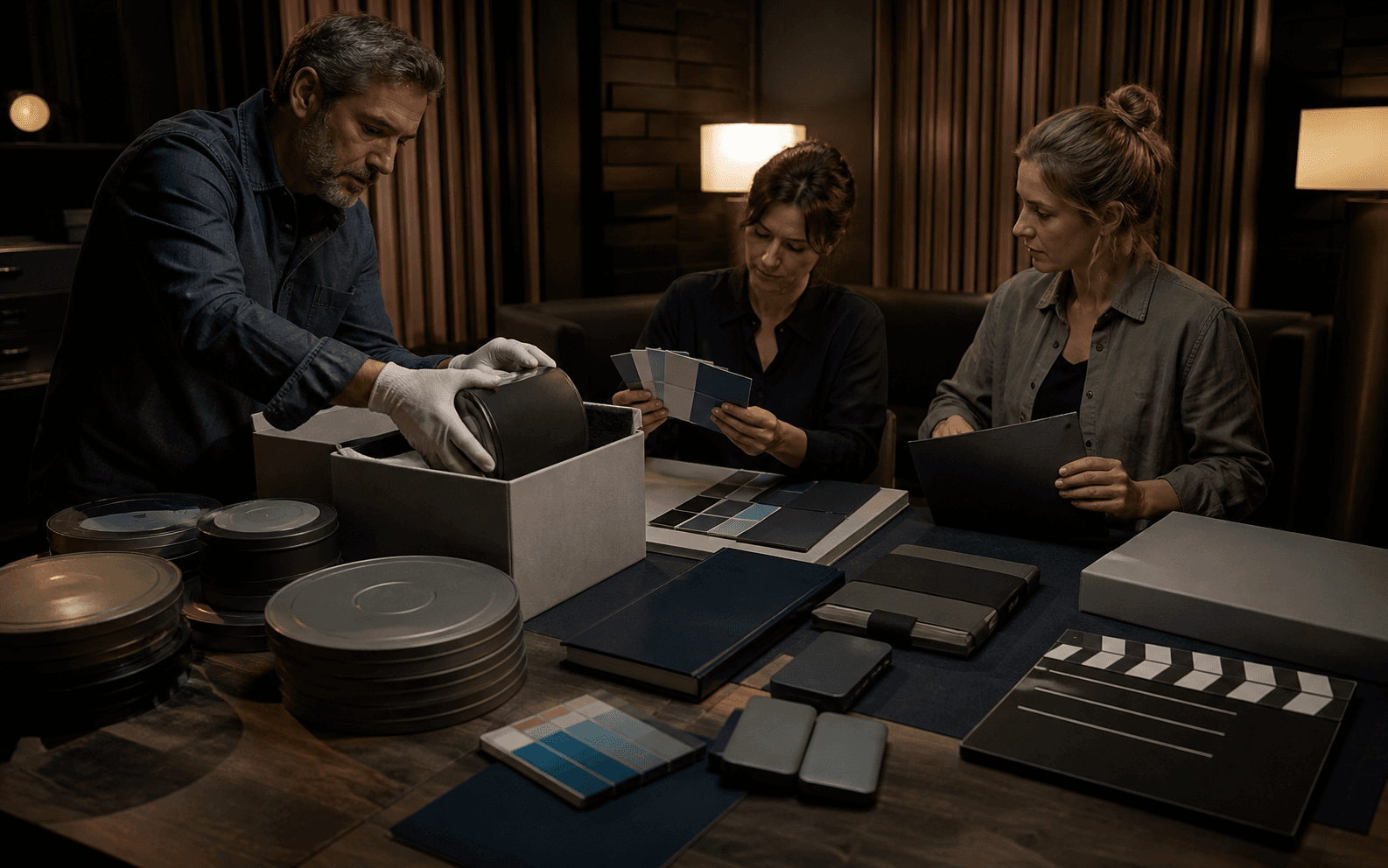 Post-production team organizing physical delivery assets for closeout