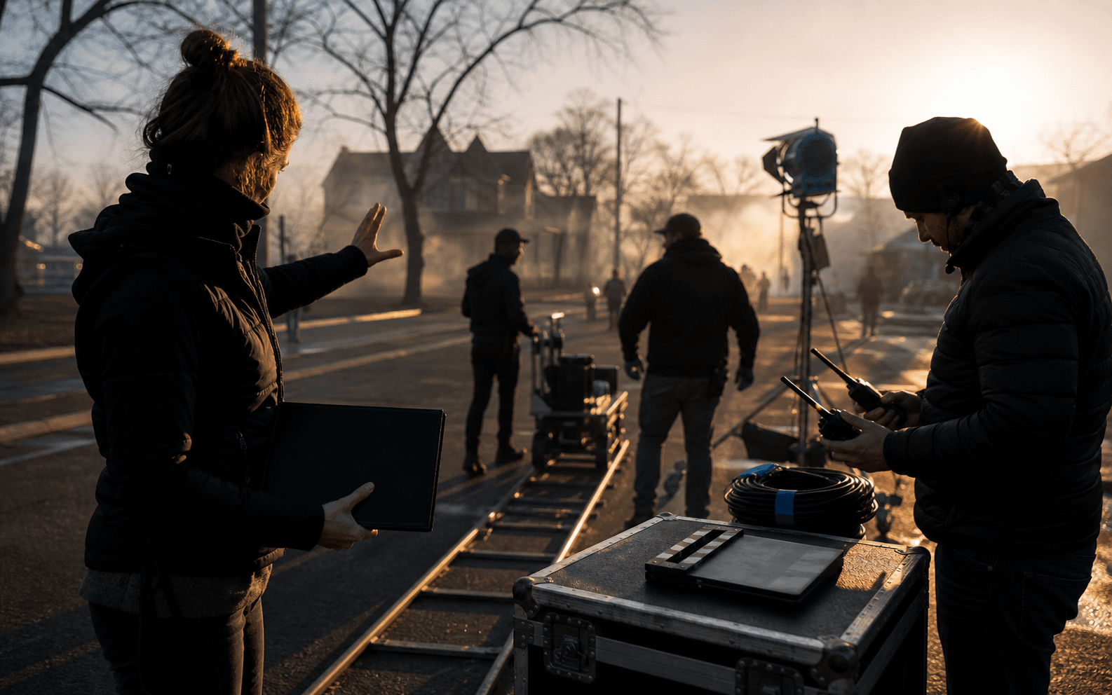 Film crew coordinating radios, slate, and camera movement at dawn