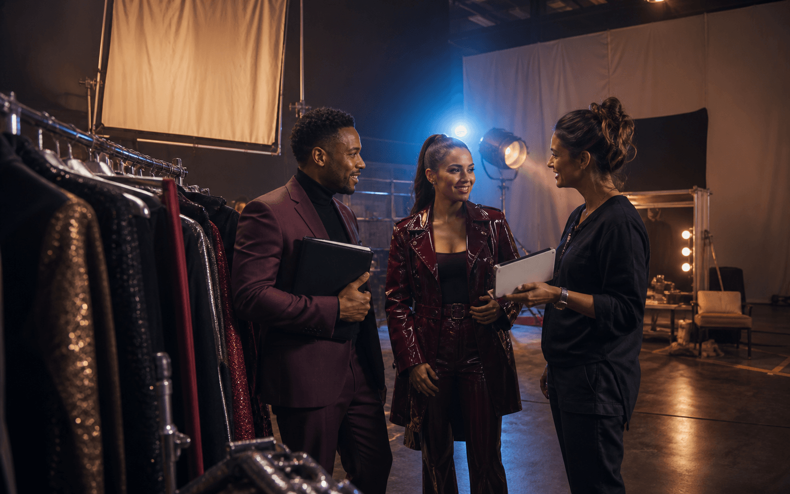 Commercial performer, representative, and session coordinator exchanging a closed portfolio and blank slate on a soundstage