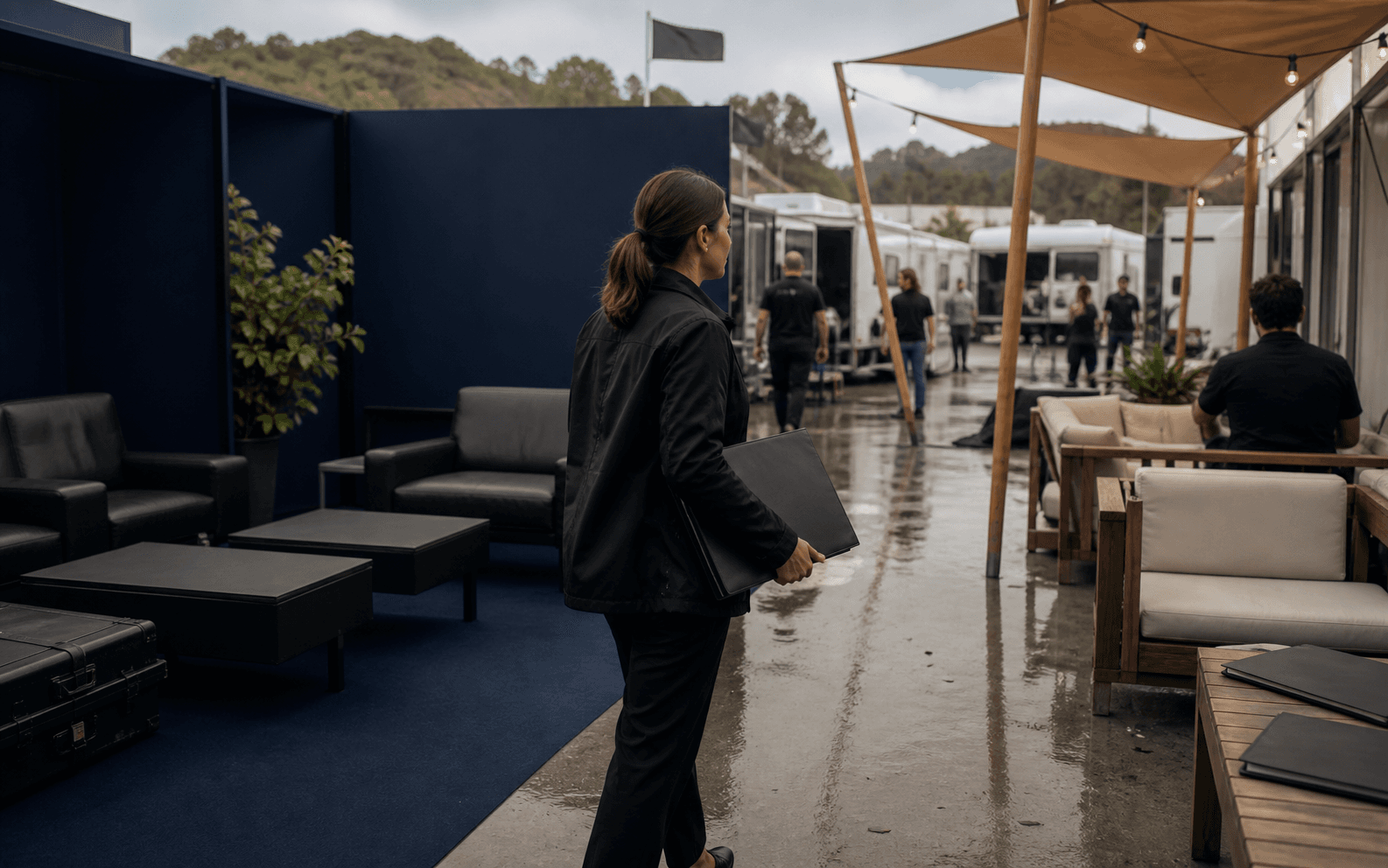Provider lead walking between separate client and worker service areas at a production basecamp after rain