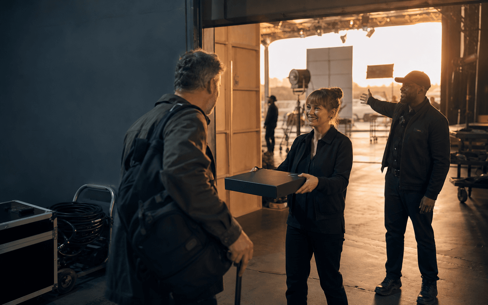 Client administrator welcoming a production worker at a provider service counter