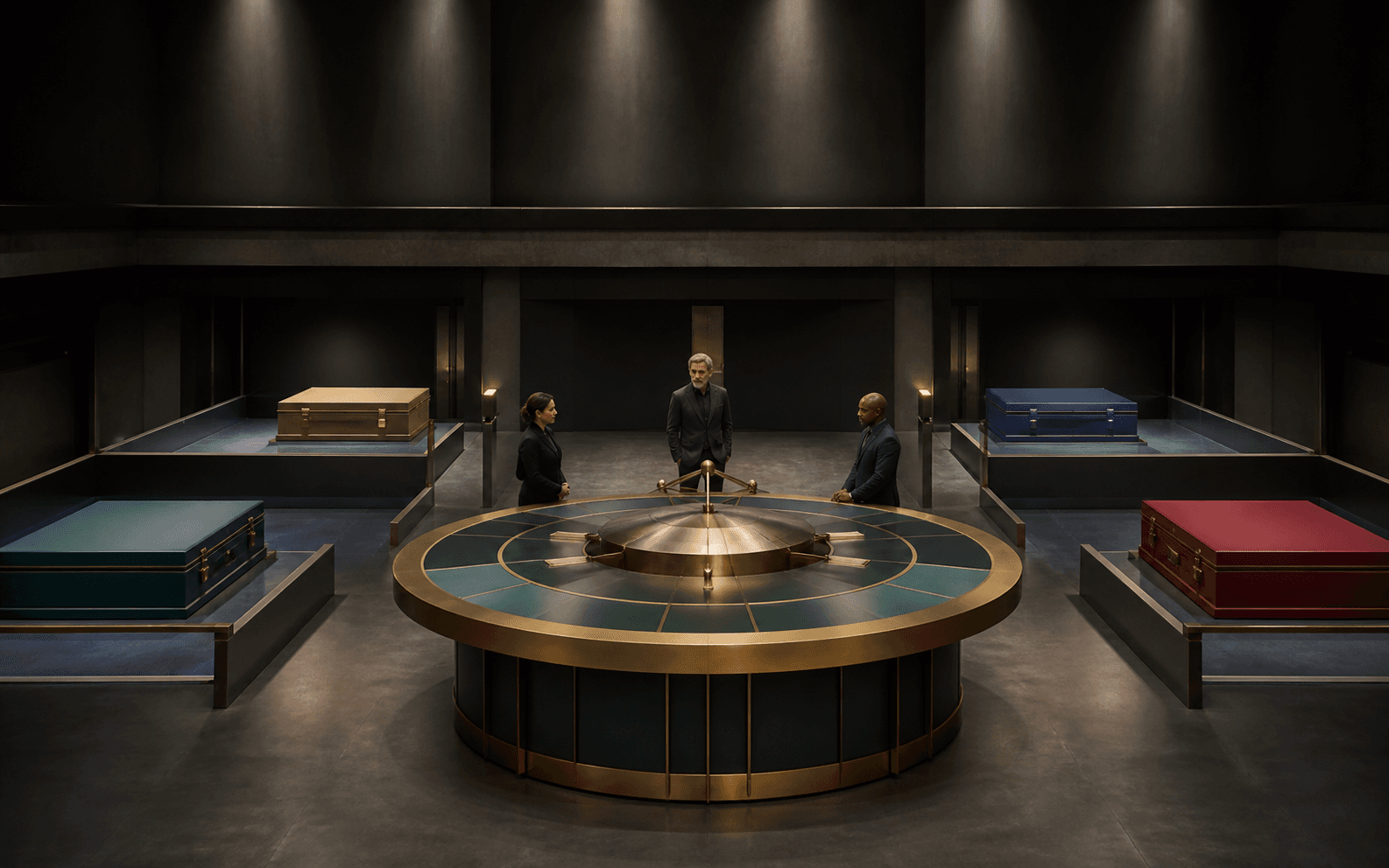 EOR provider operations team at a central circular governance hub surrounded by four isolated client kit bays