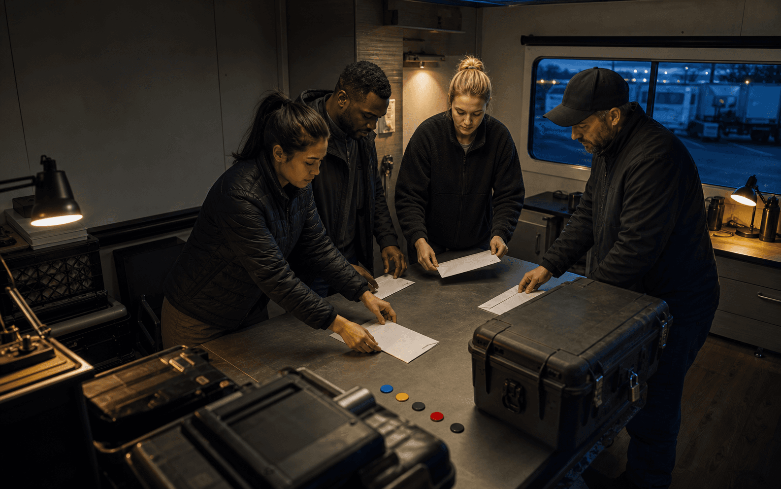 Payroll operations team aligning sealed blank time envelopes beside a locked funding case at blue hour