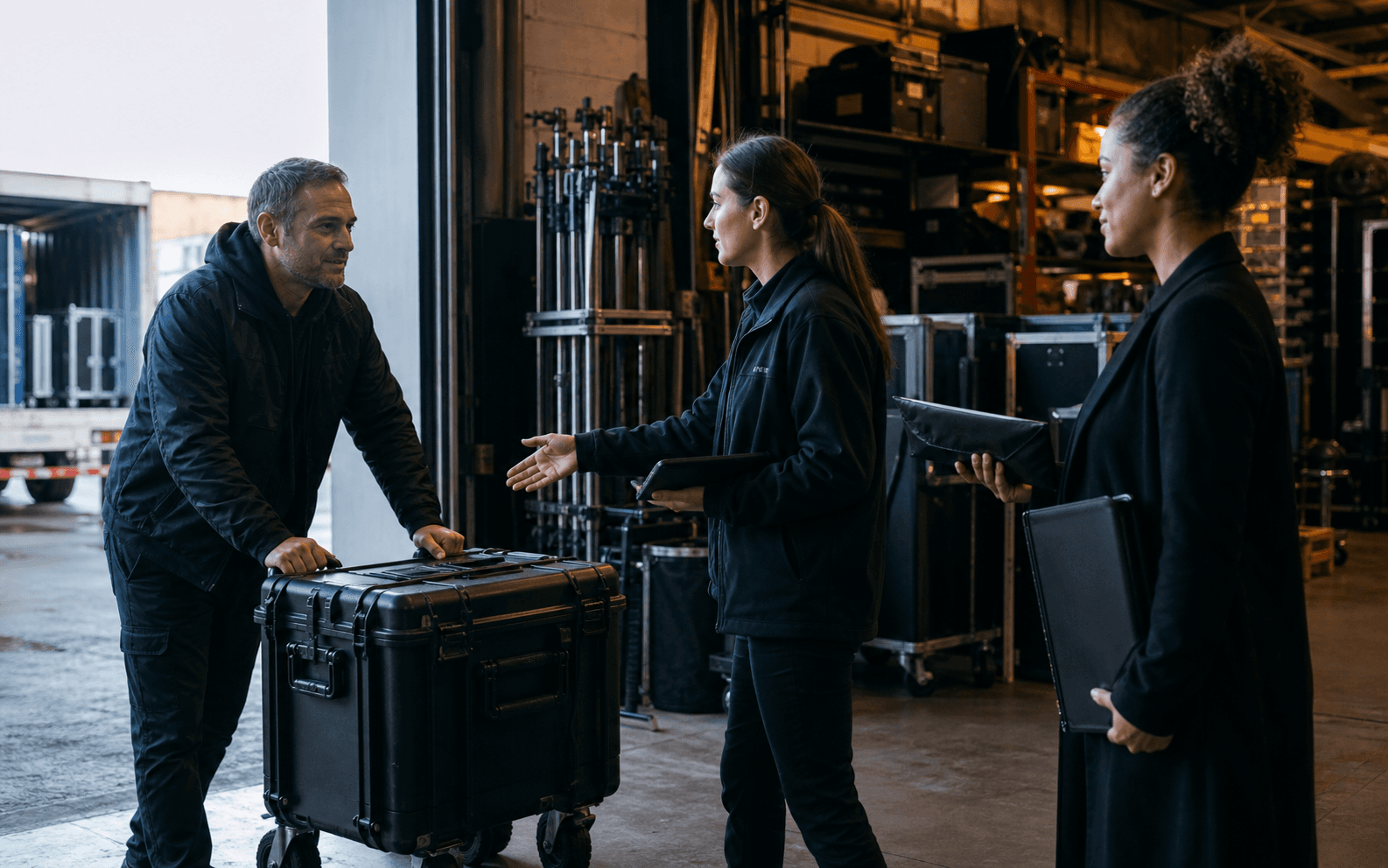 Rental vendor, production coordinator, and finance approver exchanging a sealed pouch beside a cinema equipment case