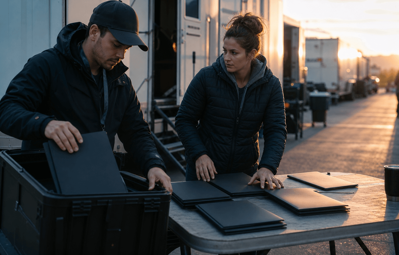 Crew worker placing a closed blank folder into a hard case beside a production basecamp coordinator