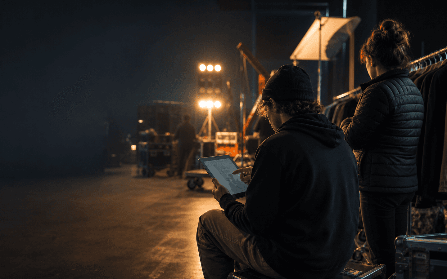 Film crew member reviewing a tablet at production basecamp