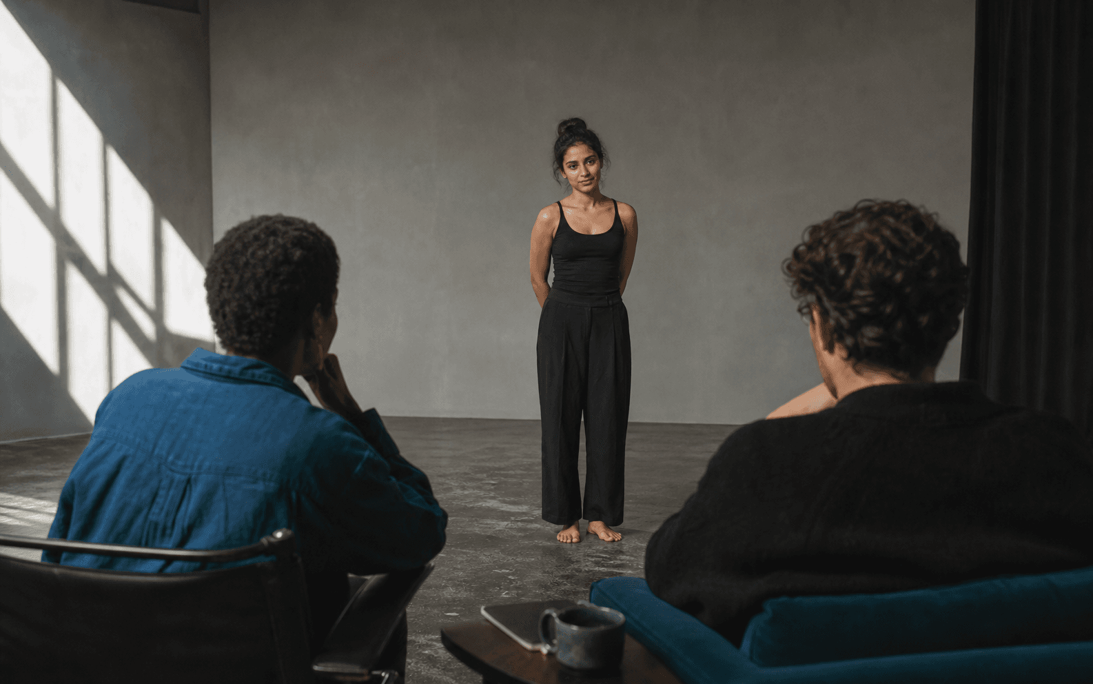 Performer standing in an audition room while two casting observers watch