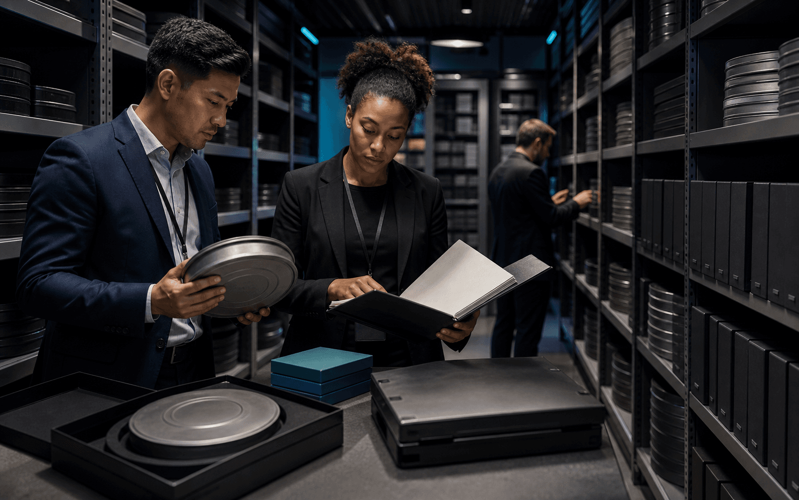 Two rights professionals reviewing blank media cases and binders in a secure archive