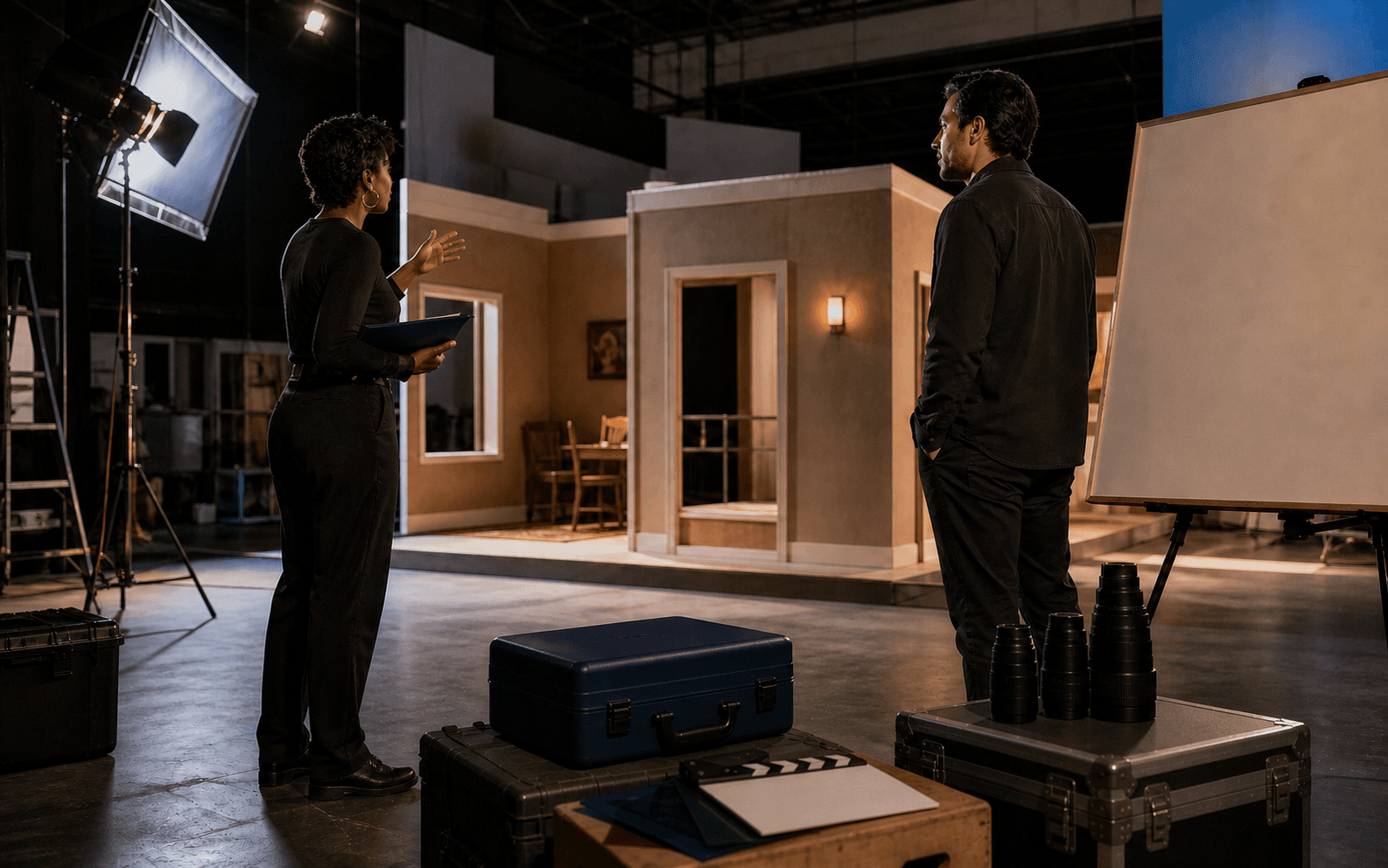 Two advertising professionals reviewing a practical set beside a sealed blue case