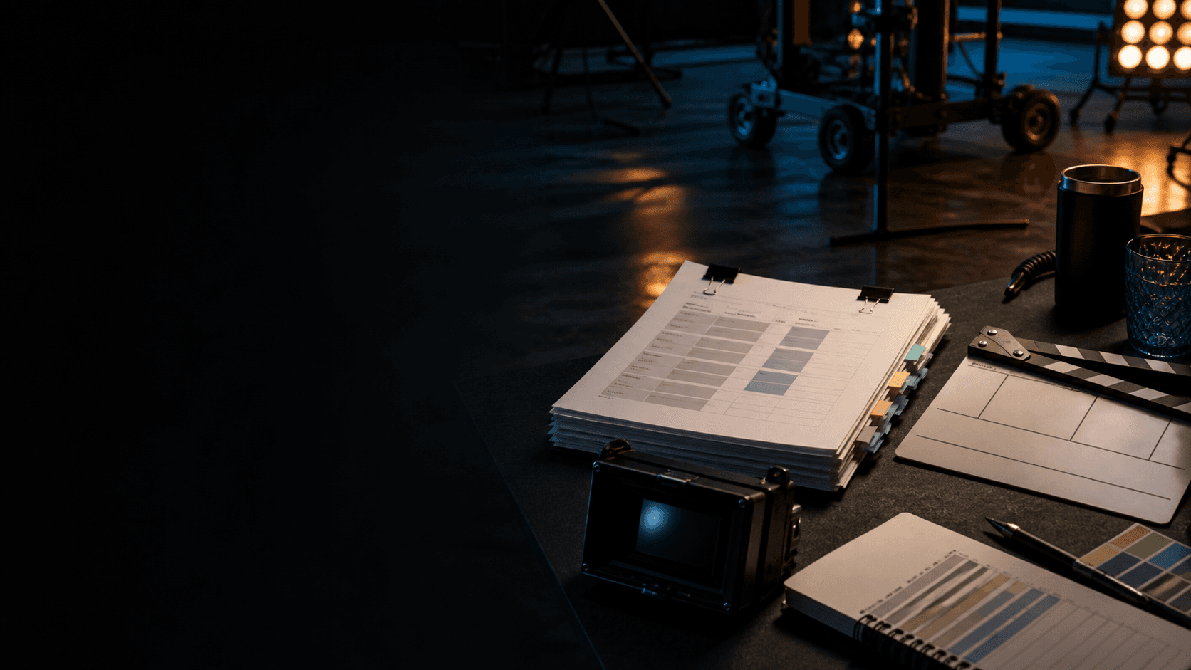 Editorial film production desk with camera, schedules, and organized records