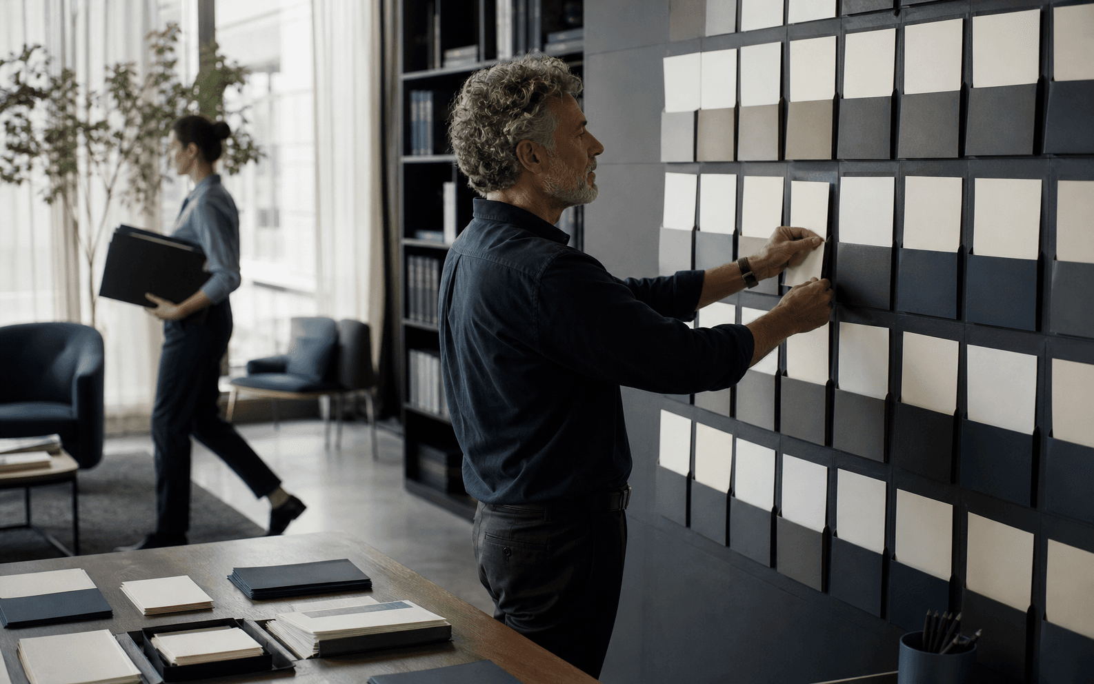 Talent representative organizing blank portfolio sleeves on a studio wall