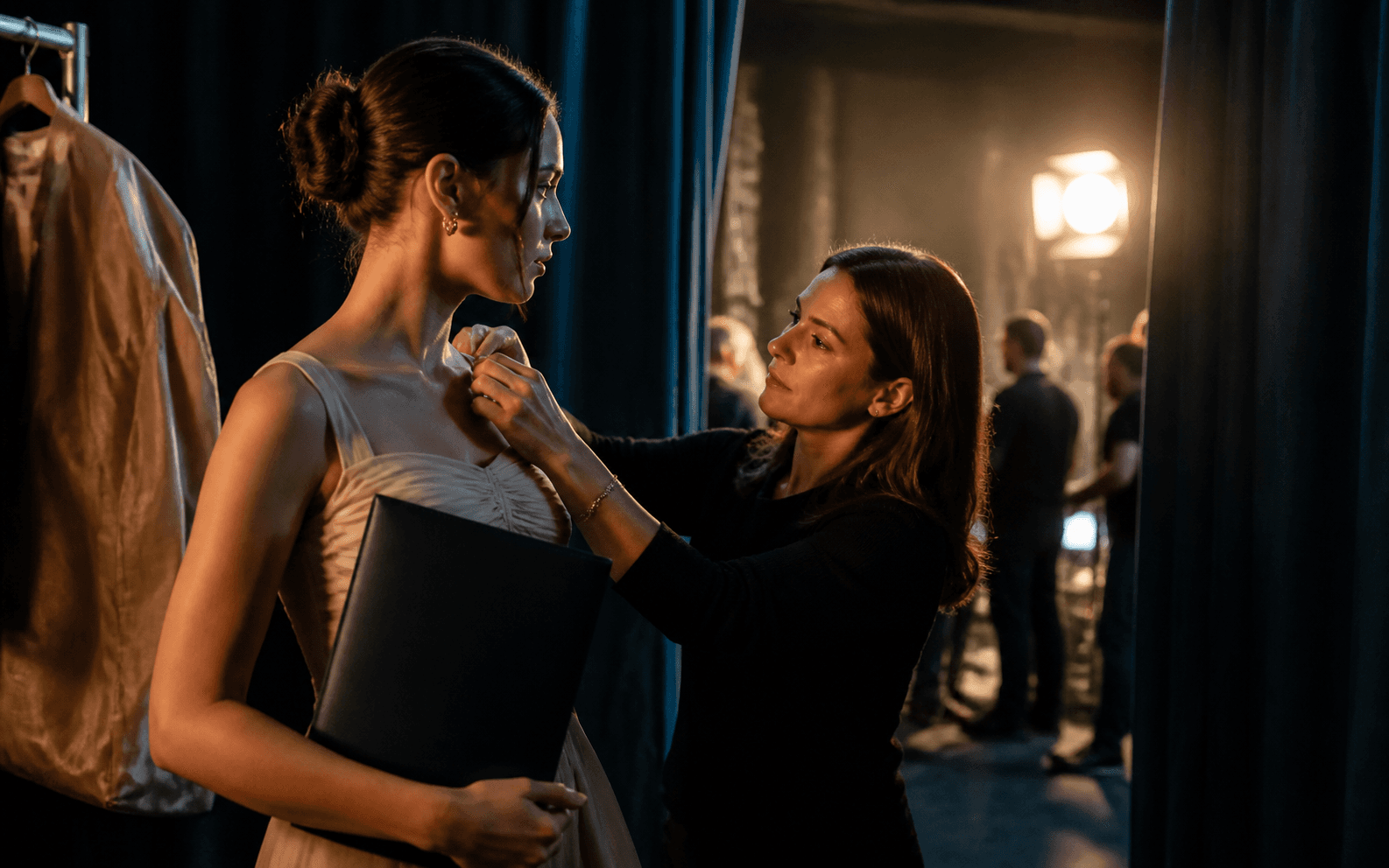 Representative adjusting a performer's wardrobe backstage beside a closed portfolio