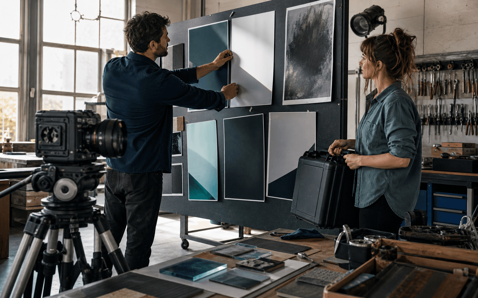 Independent production specialists arranging abstract visual boards beside camera equipment
