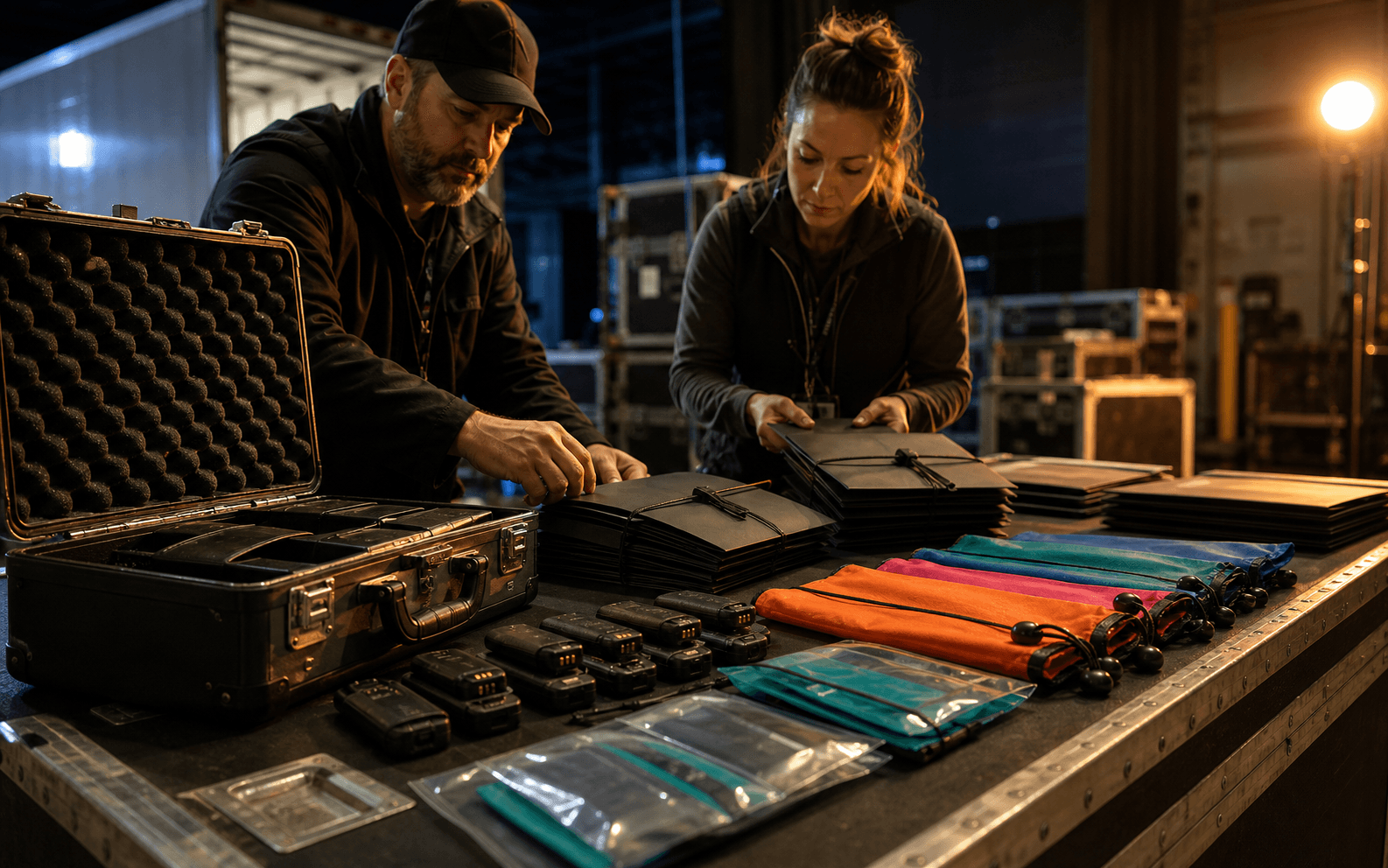 Tour operations team organizing blank credential packs, radio batteries, and color-coded pouches backstage