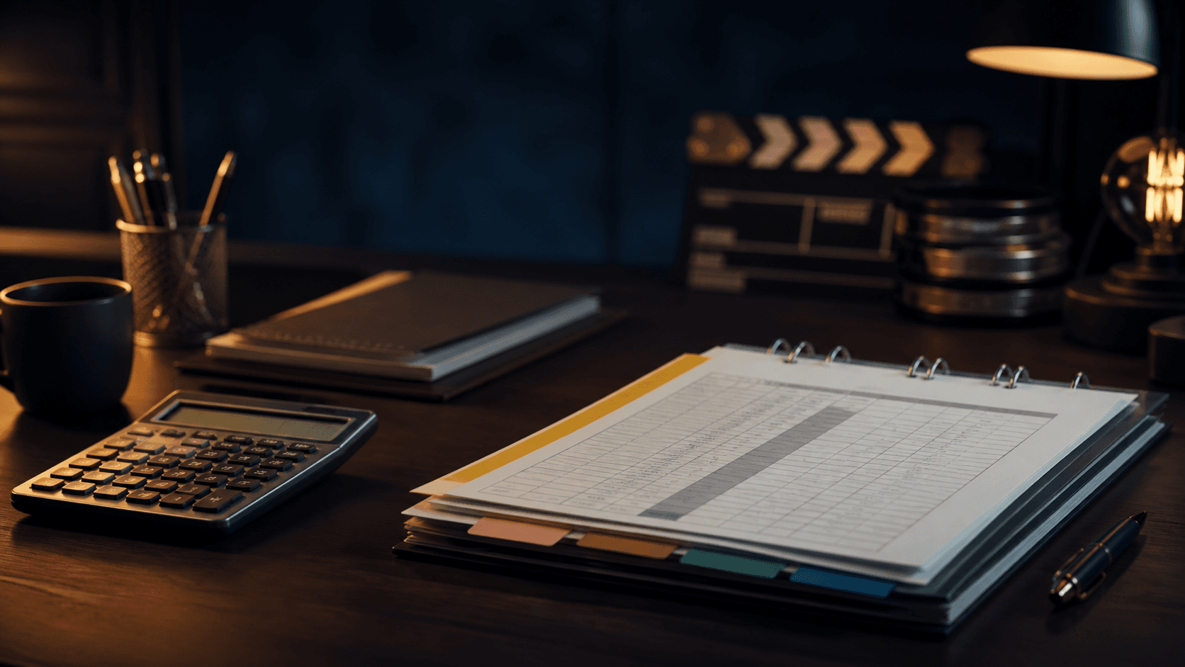 Editorial production budget planning desk with calculator and folders