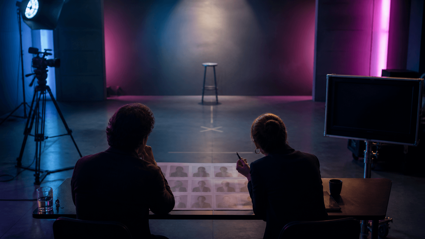 Editorial casting team preparing an empty audition studio