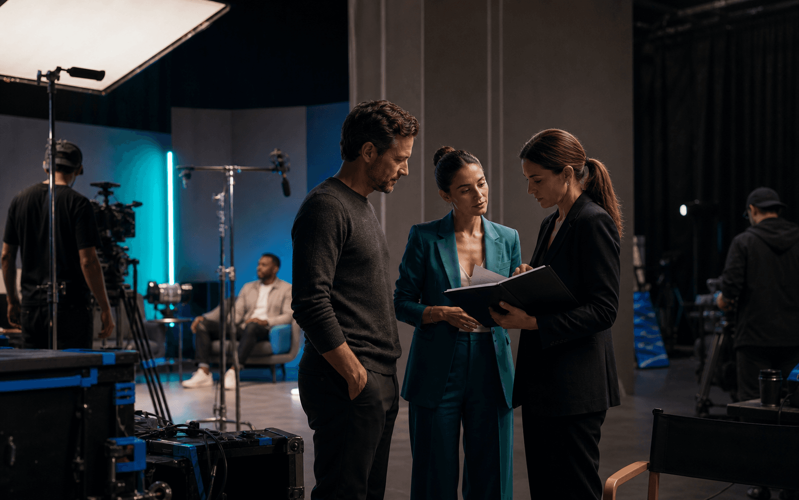 Commercial shoot team coordinating talent, representation, and production affairs on set