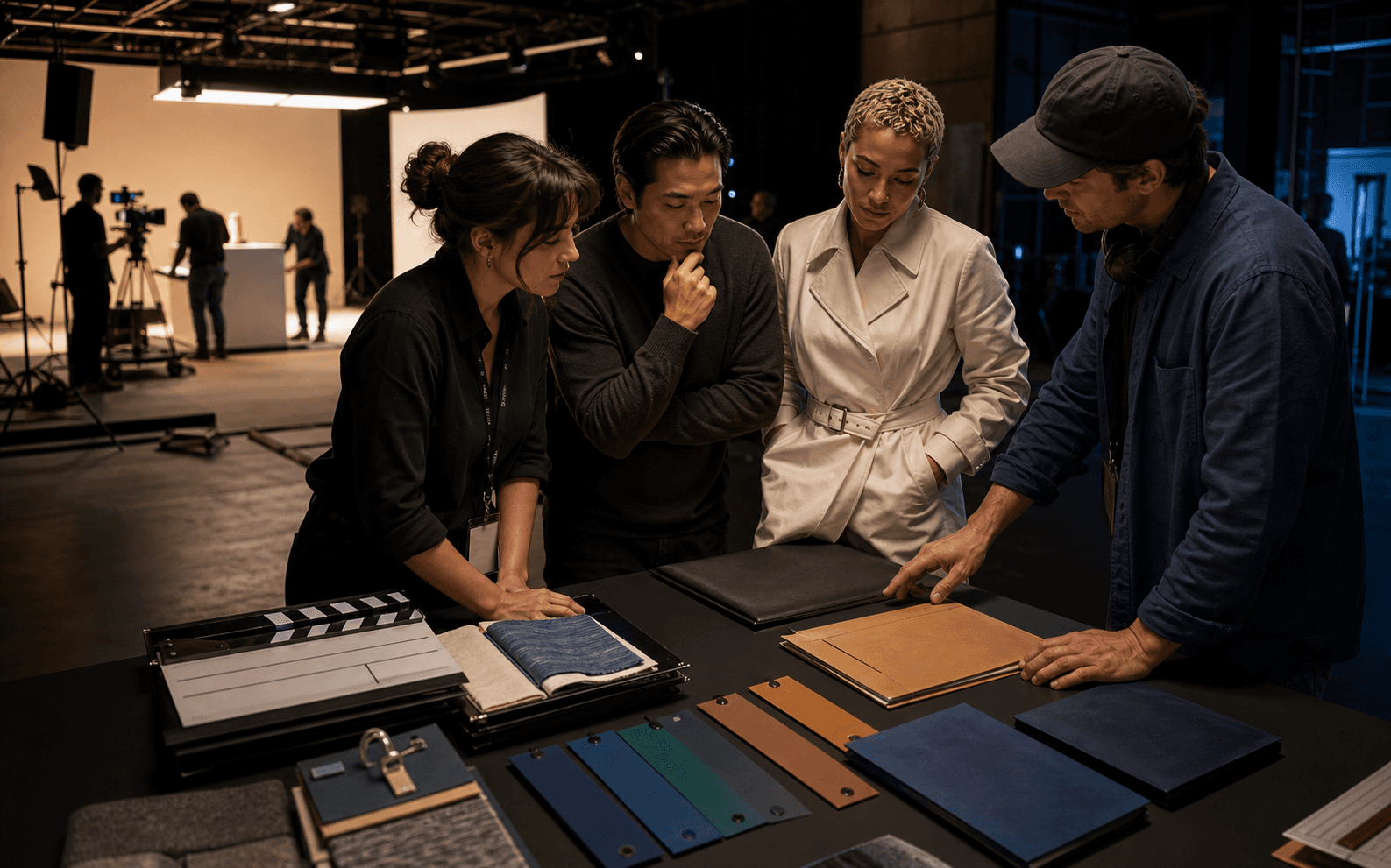 Commercial set team coordinating talent, wardrobe, slate, and usage artifacts