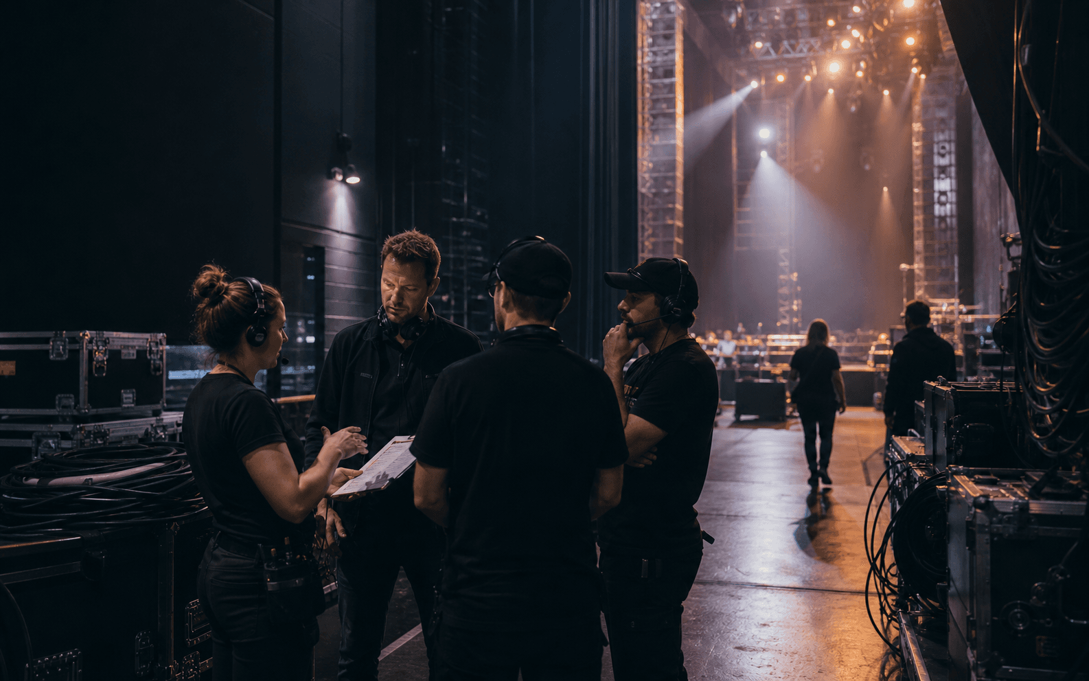 Touring production crew coordinating backstage beside road cases and stage lighting
