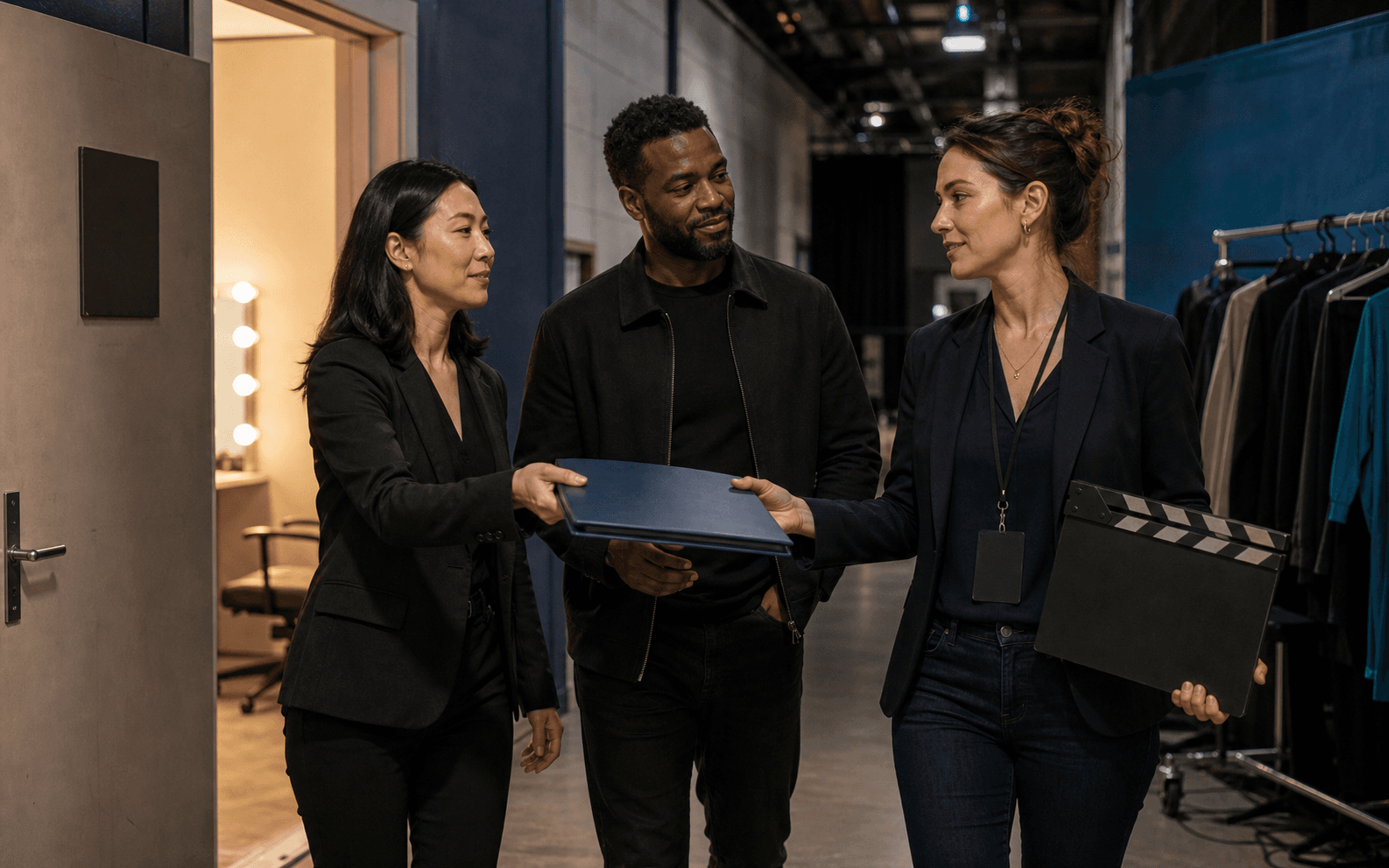 Three production representatives exchanging a closed blue portfolio beside a blank slate