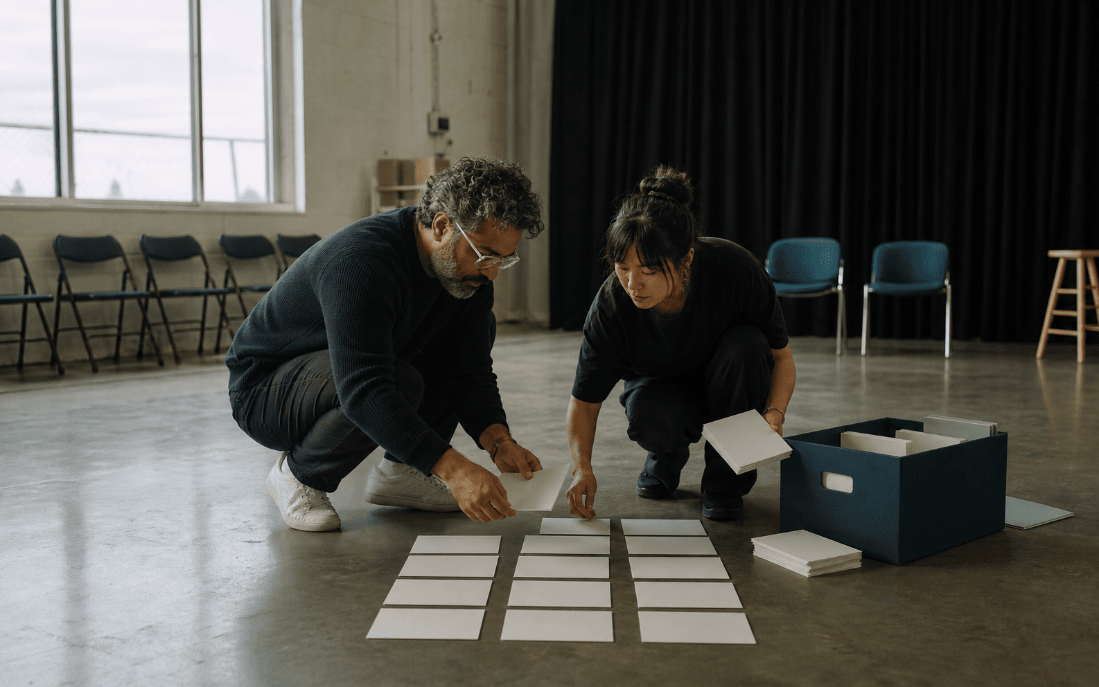 Two casting professionals arranging blank role cards on an audition-studio floor