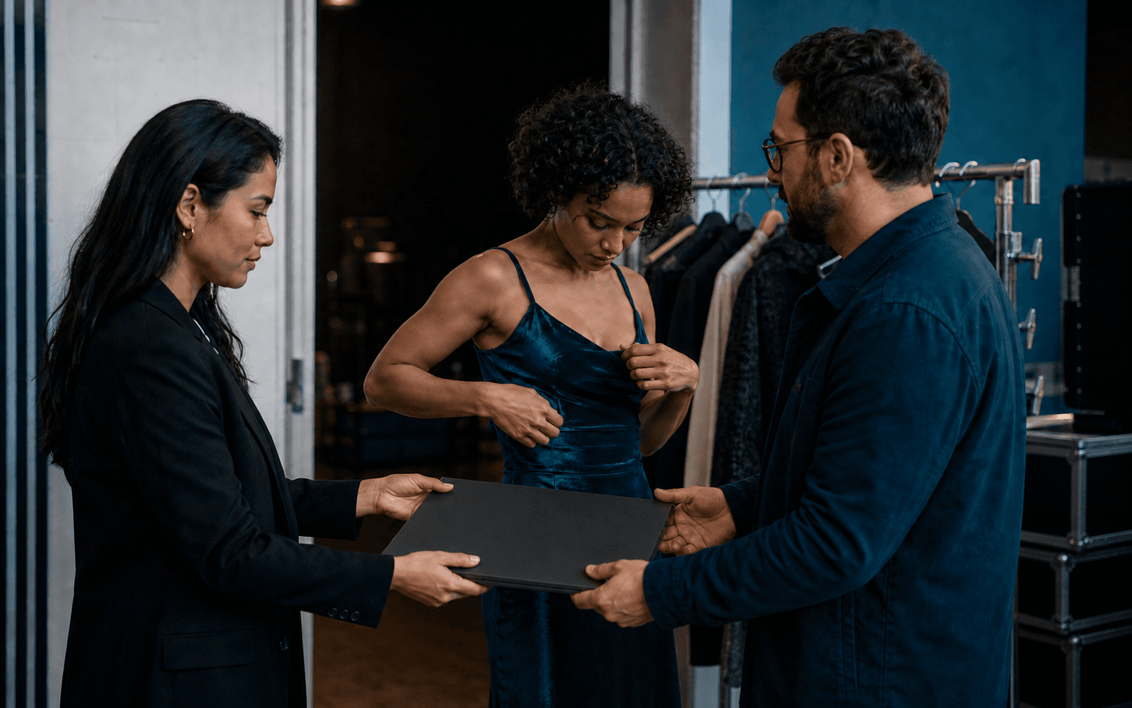 Performer adjusting wardrobe as two production representatives exchange a closed portfolio