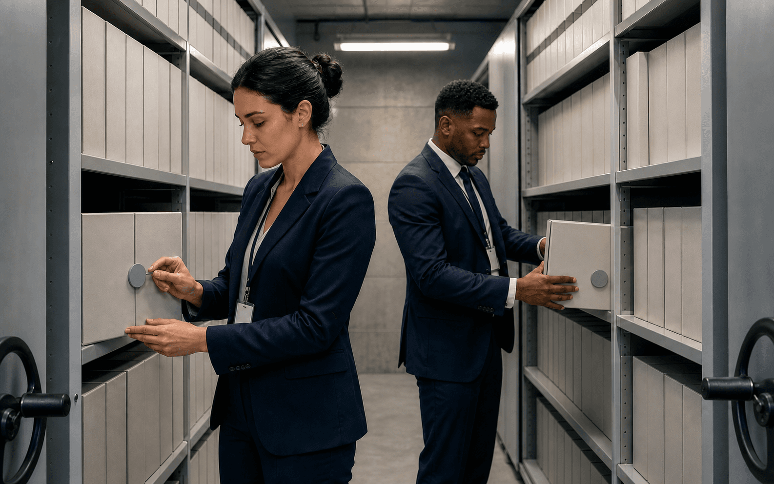 Two compliance professionals checking sealed cases in a secure records aisle
