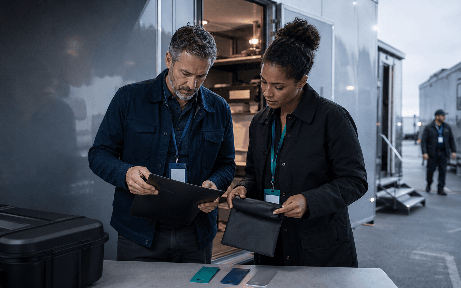 Two production administrators reviewing closed document wallets at basecamp