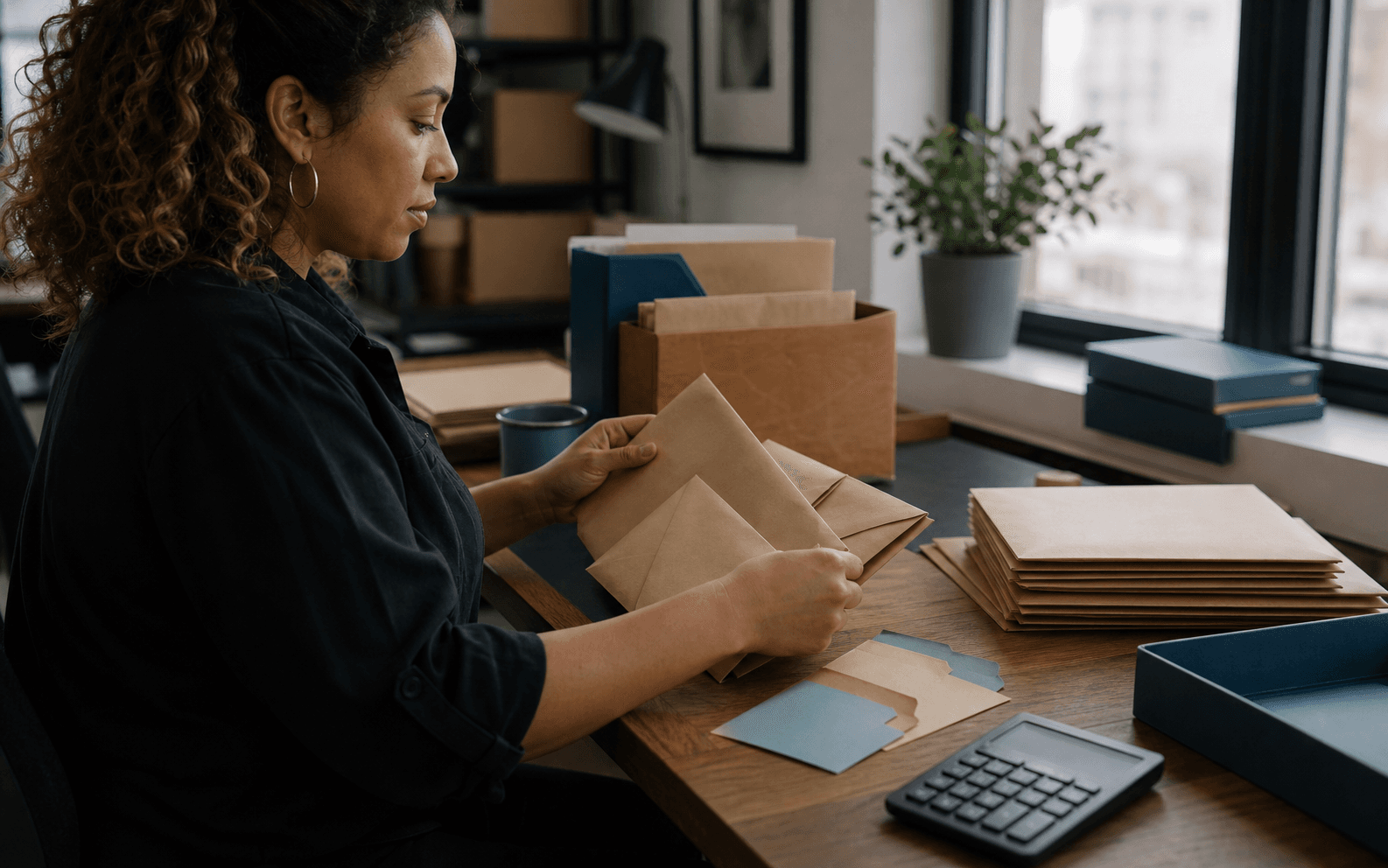 Payroll specialist sorting sealed time envelopes beside an unlit calculator