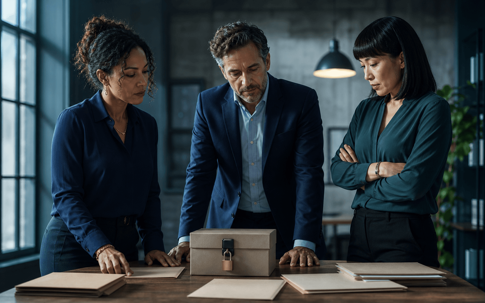 Three production finance professionals coordinating a locked packet and blank folios
