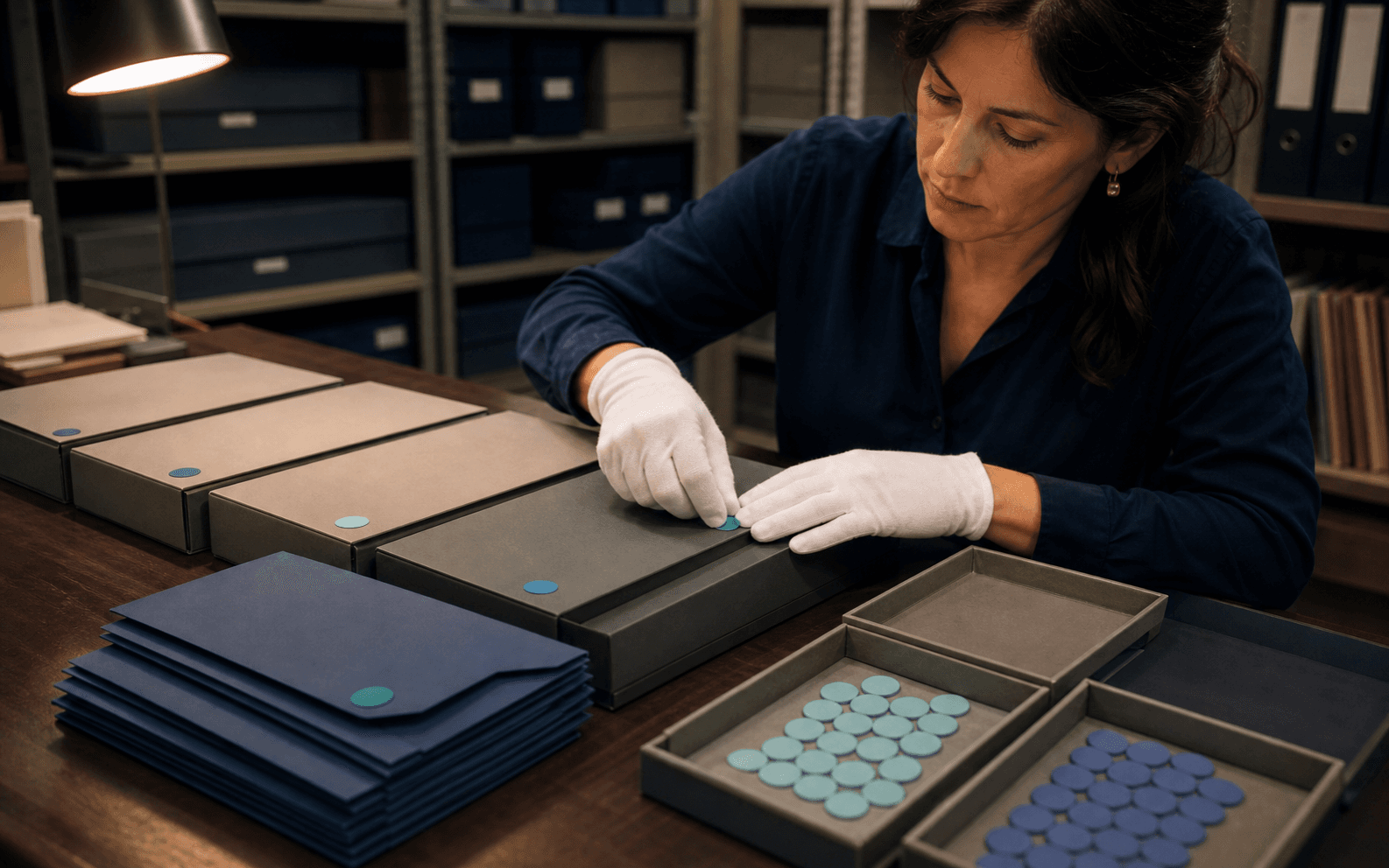 Payroll coordinator arranging matched color tokens and sealed cases in a records archive