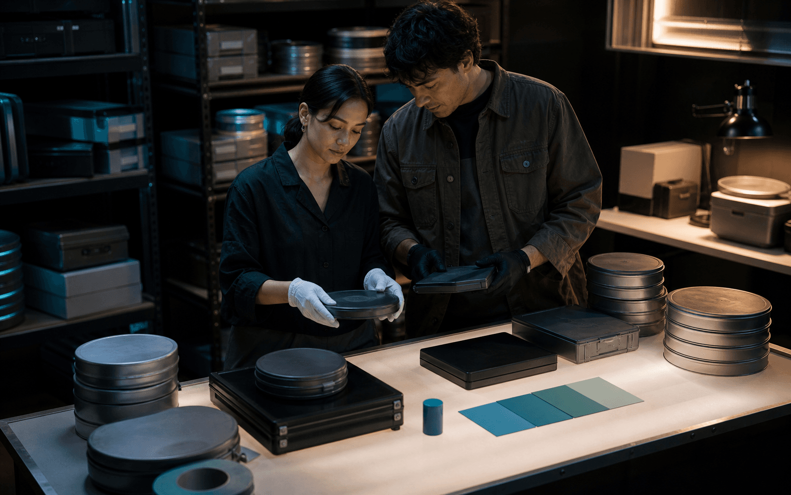 Post-production team reviewing film reels and sealed media cases in an asset room