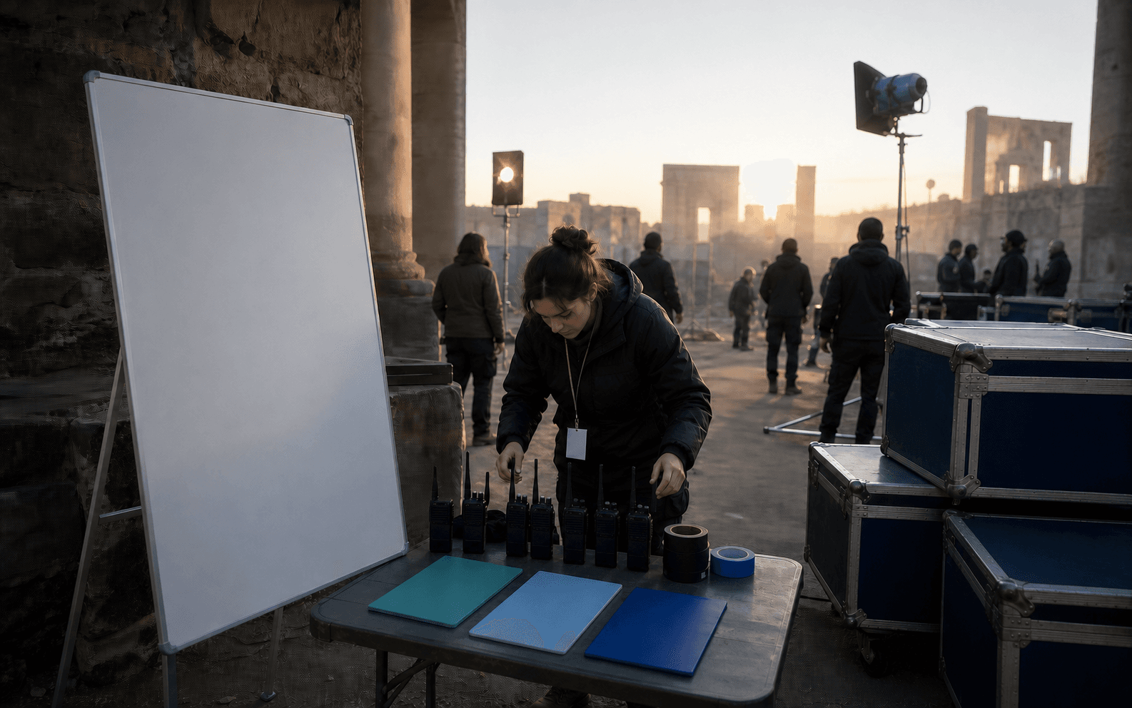 Production coordinator arranging radios and blank color cards beside an empty callboard