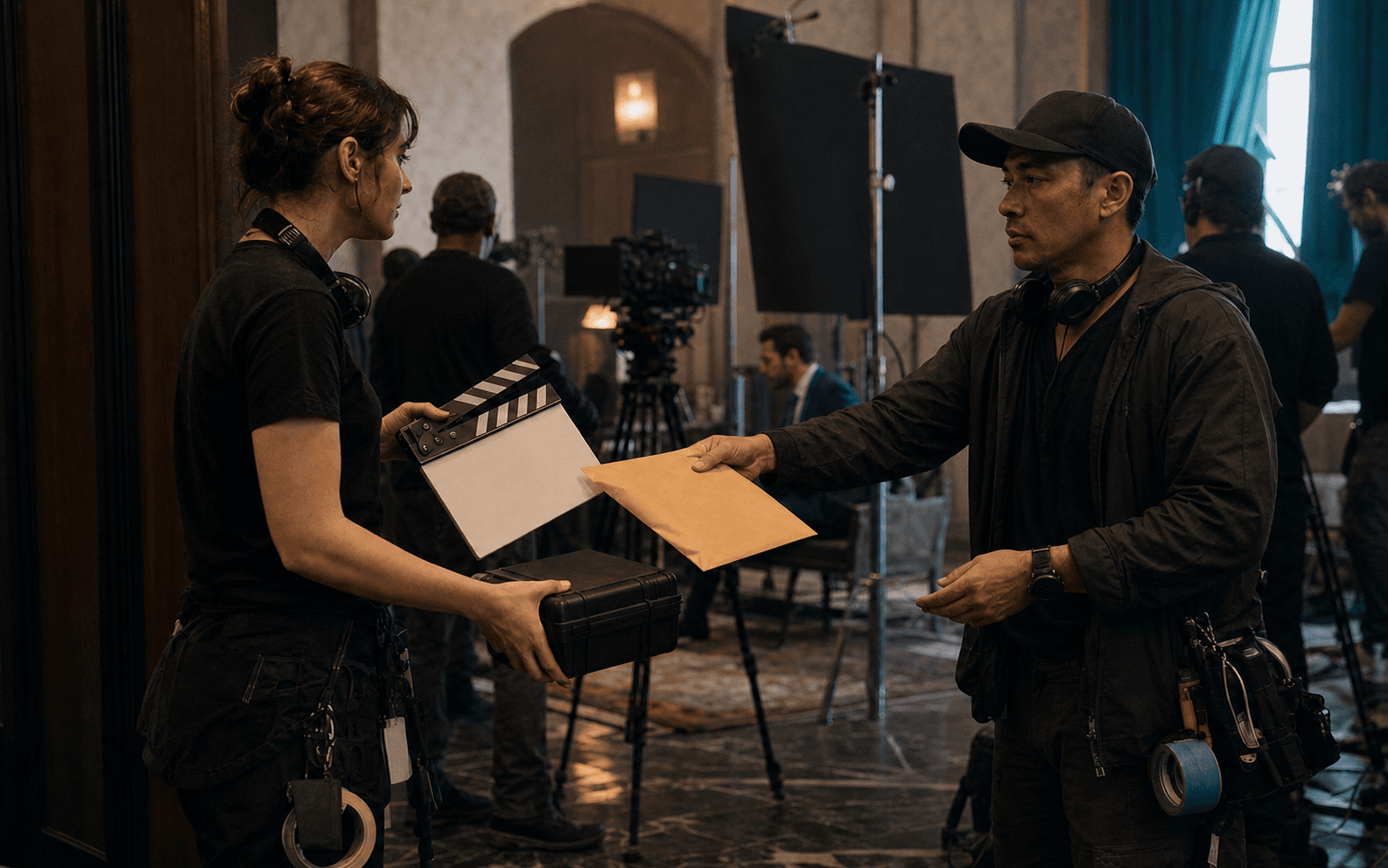 Two department leads exchanging a blank envelope and slate on an active film set