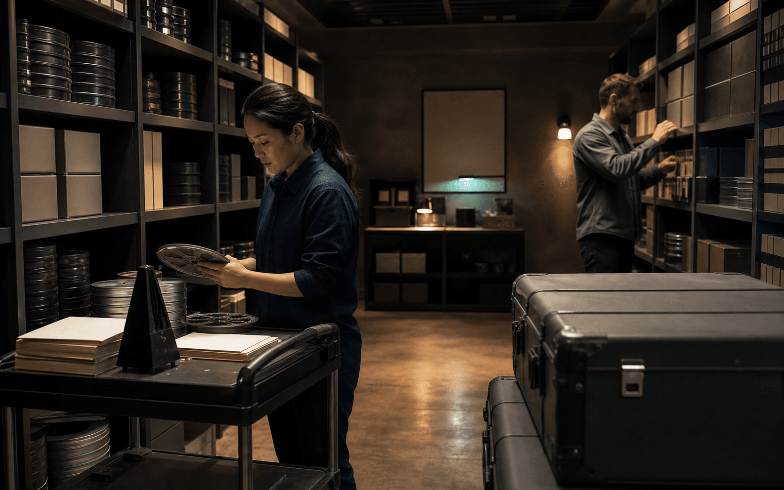 Two media archive professionals reviewing film reels and sealed delivery cases