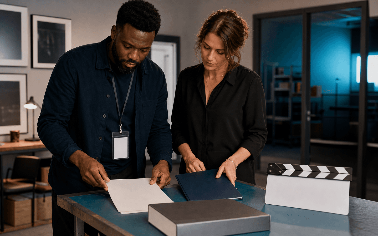 Two production affairs professionals arranging a blank sheet and closed folio beside an unmarked clapperboard
