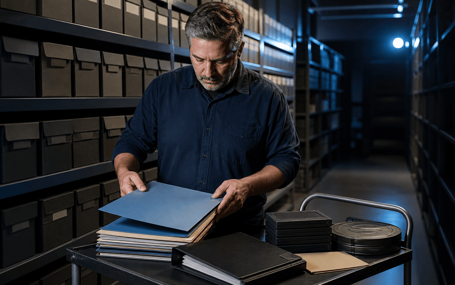 Production compliance coordinator sorting blank folders and media cases in an archive aisle
