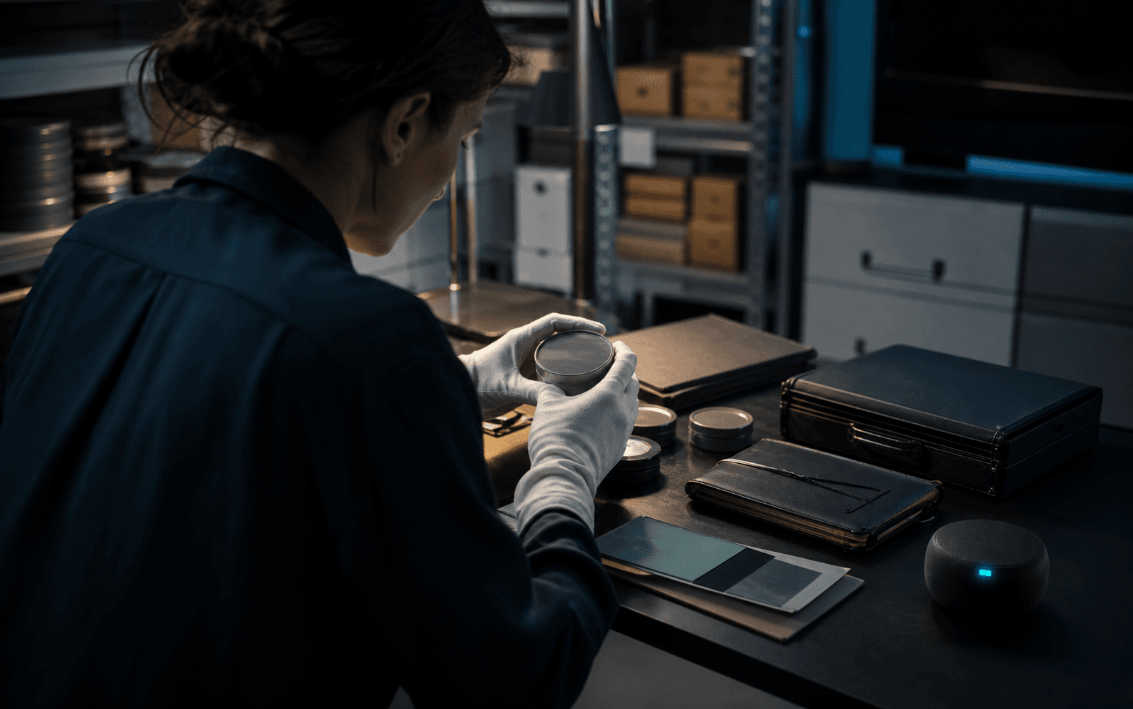 Human analyst examining a film canister beside a small illuminated voice assistant