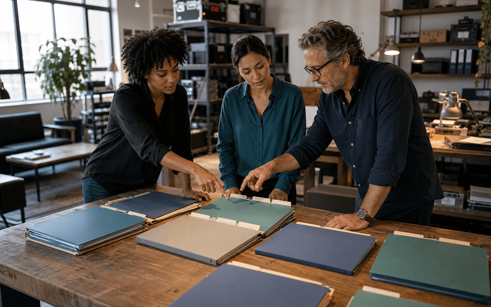 Producer and finance team reviewing color-coded closed folders around a production table