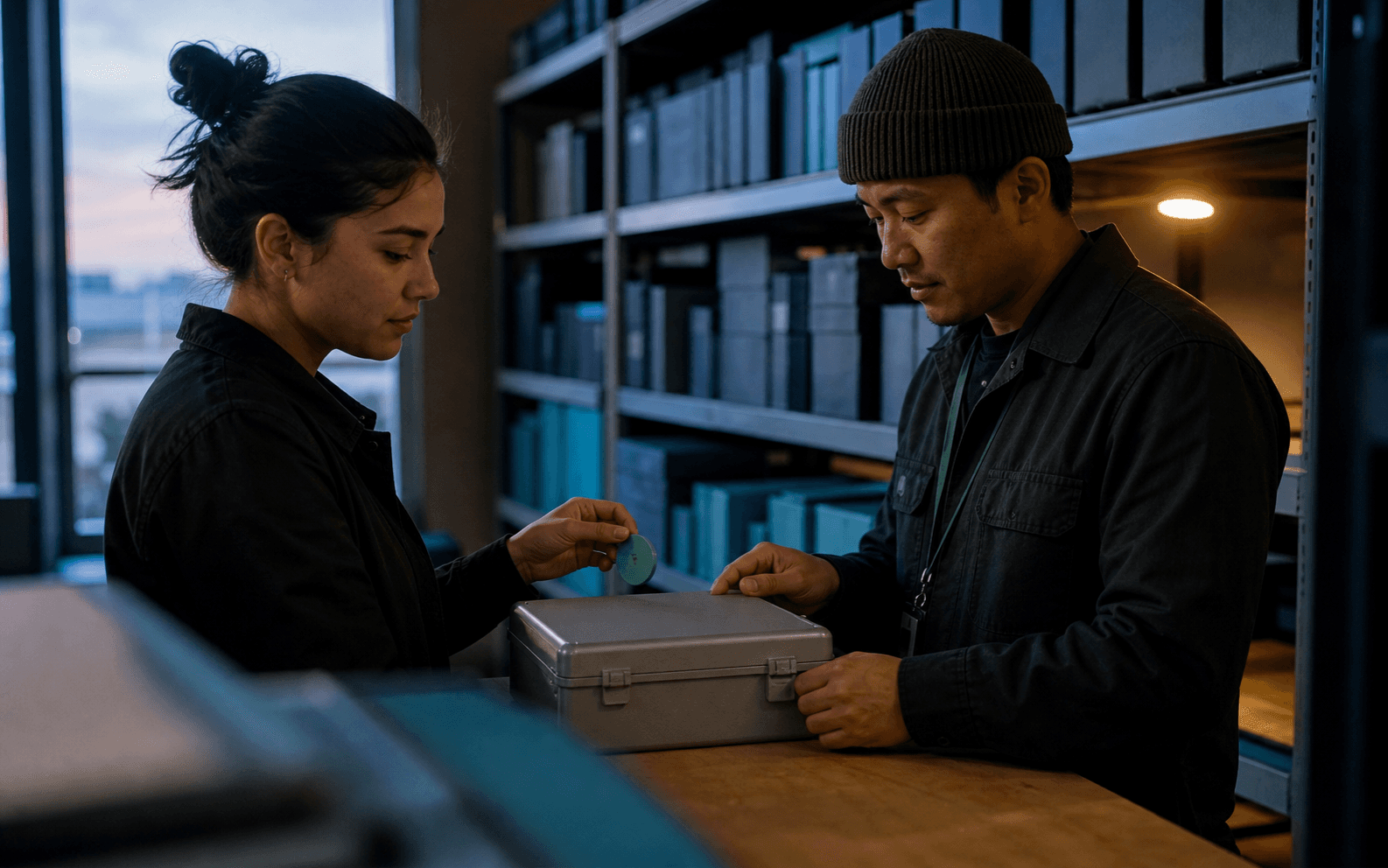 Vendor-services coordinator comparing an unmarked delivery case with archived folios