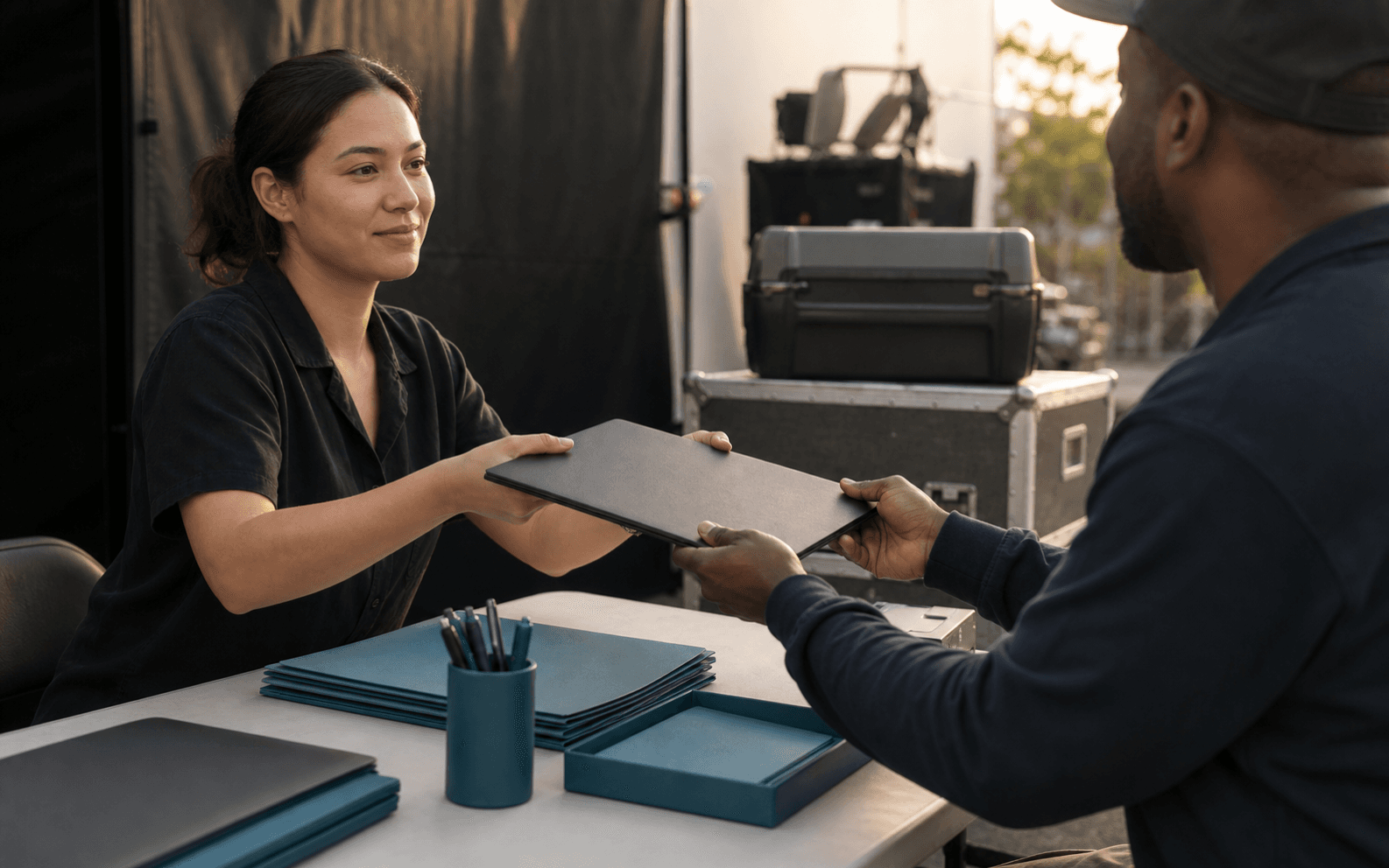 Production vendor handing a sealed blank portfolio to an accounting coordinator