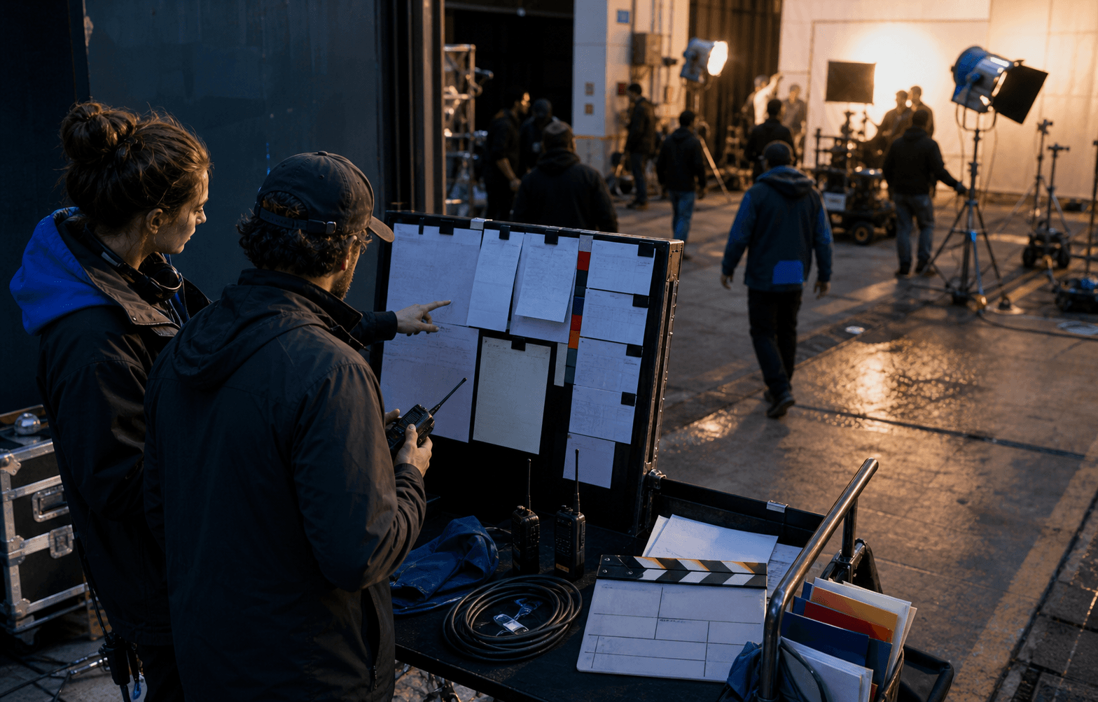 Production coordinators aligning a callboard and radios beside an active film set