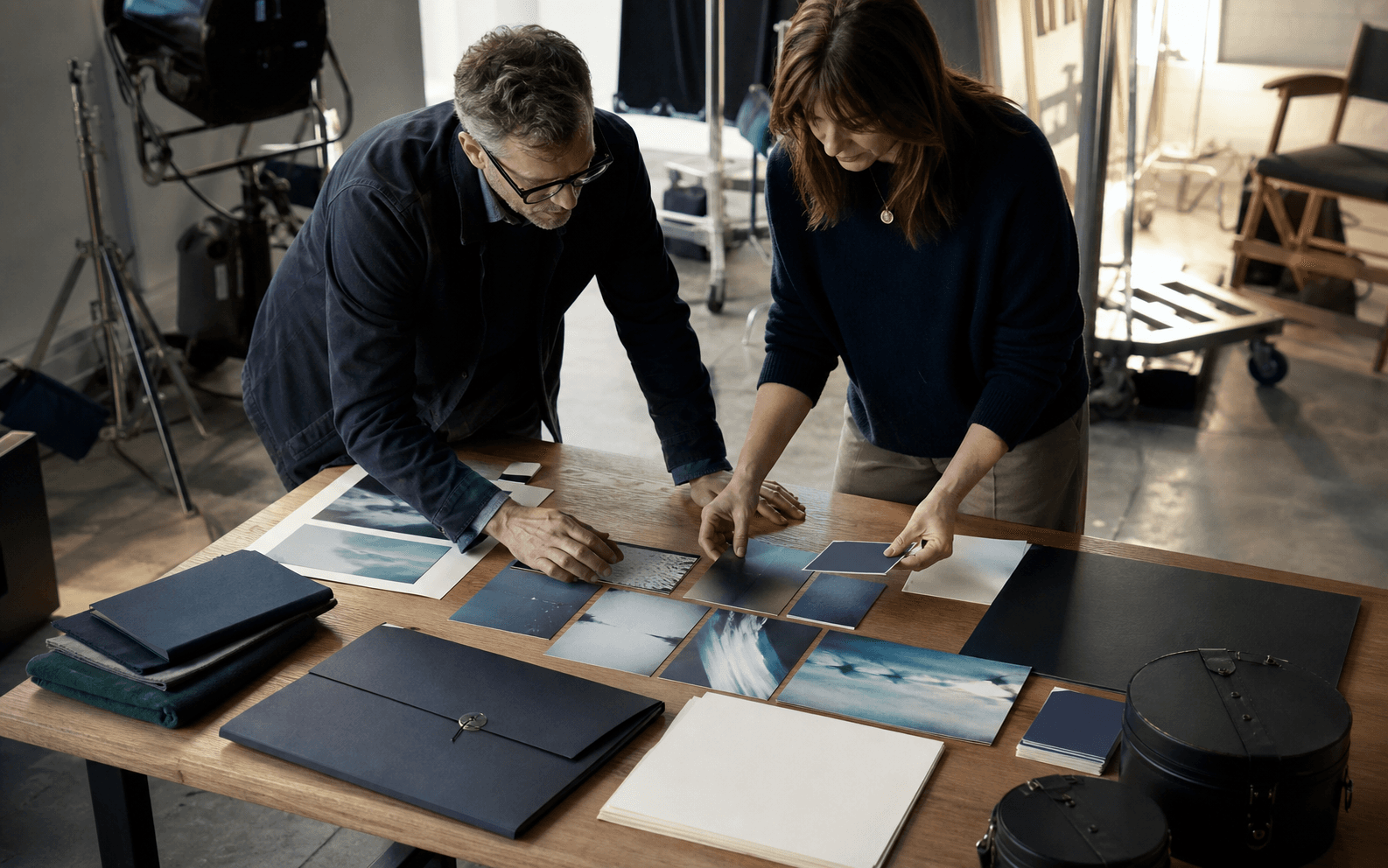 Two production professionals arranging abstract shot references and closed portfolios on a studio worktable