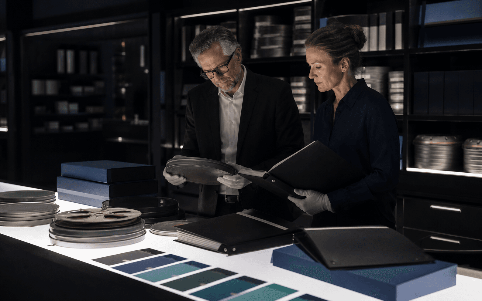 Two archival professionals reviewing film reels, closed binders, and color cards in a media archive