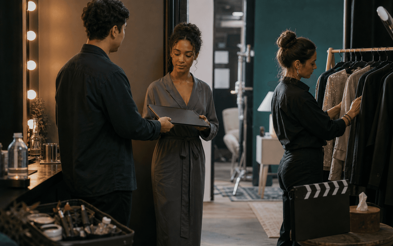 Performer holding a closed portfolio while two production professionals prepare wardrobe backstage