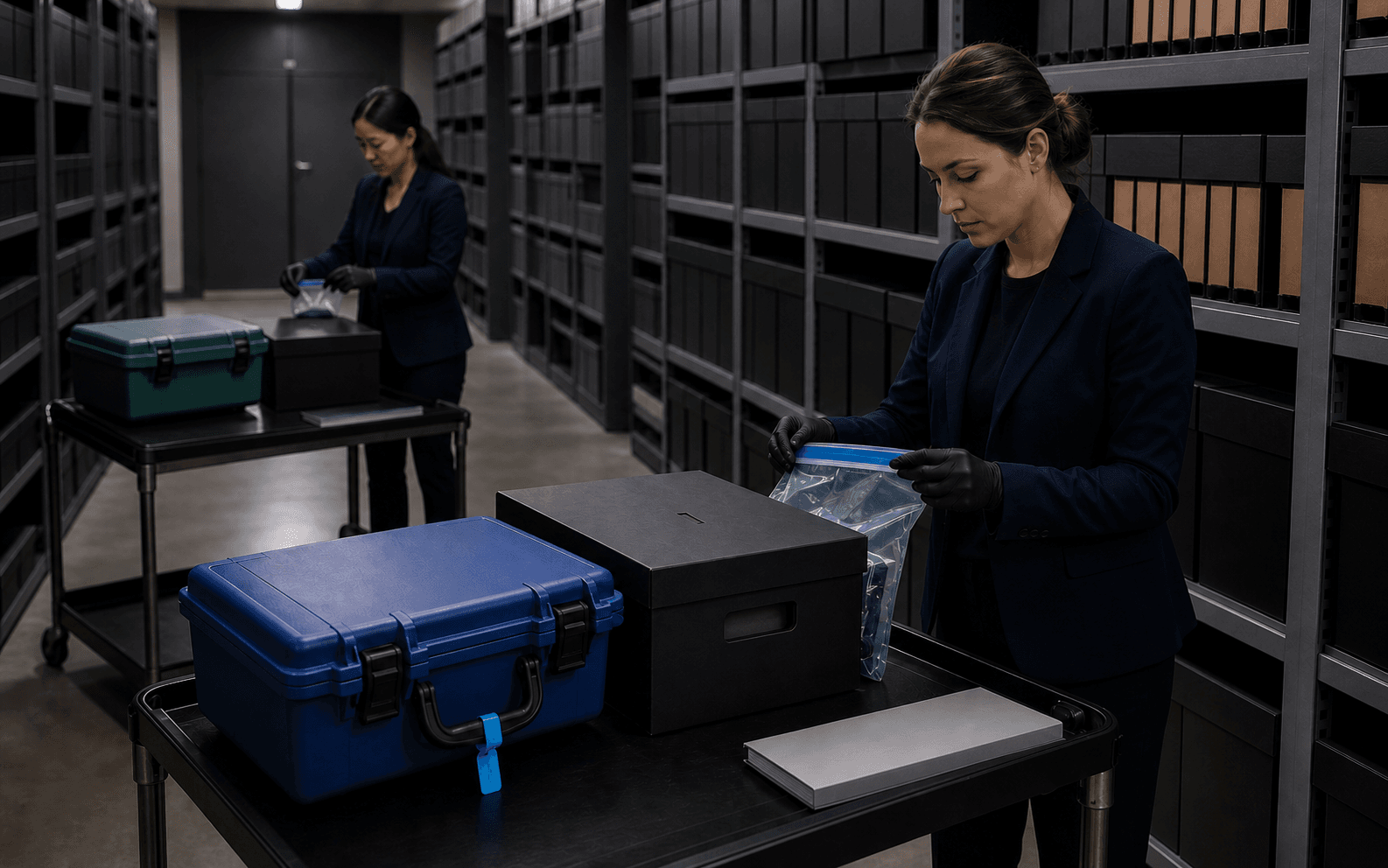 Two records professionals organizing sealed cases and blank folders in an archive room